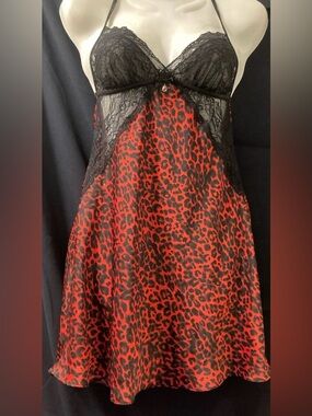 La Vie en Rose Red Leopard Lace Babydoll Nightgown XS Y2K